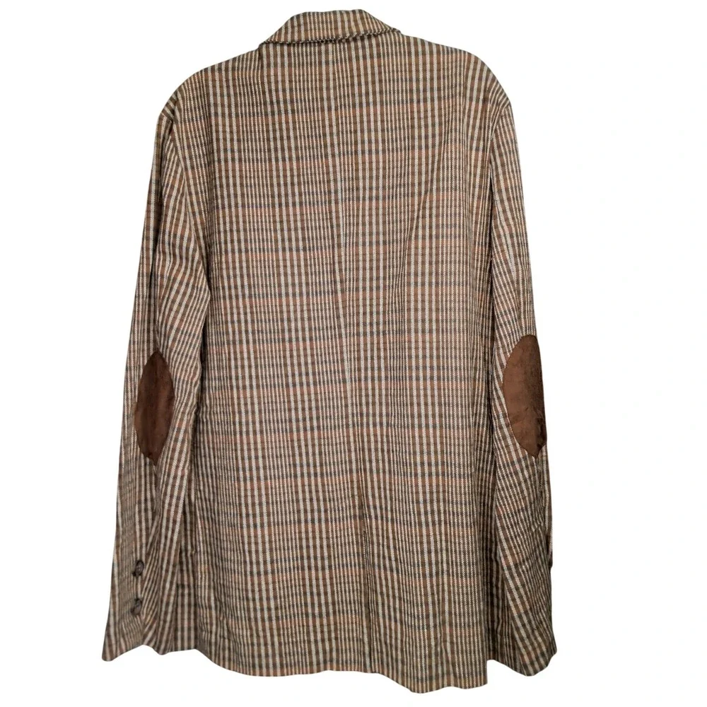 Rude Mens XL Brown Plaid Cotton Blazer Jacket Elbow Patches Dark Academia